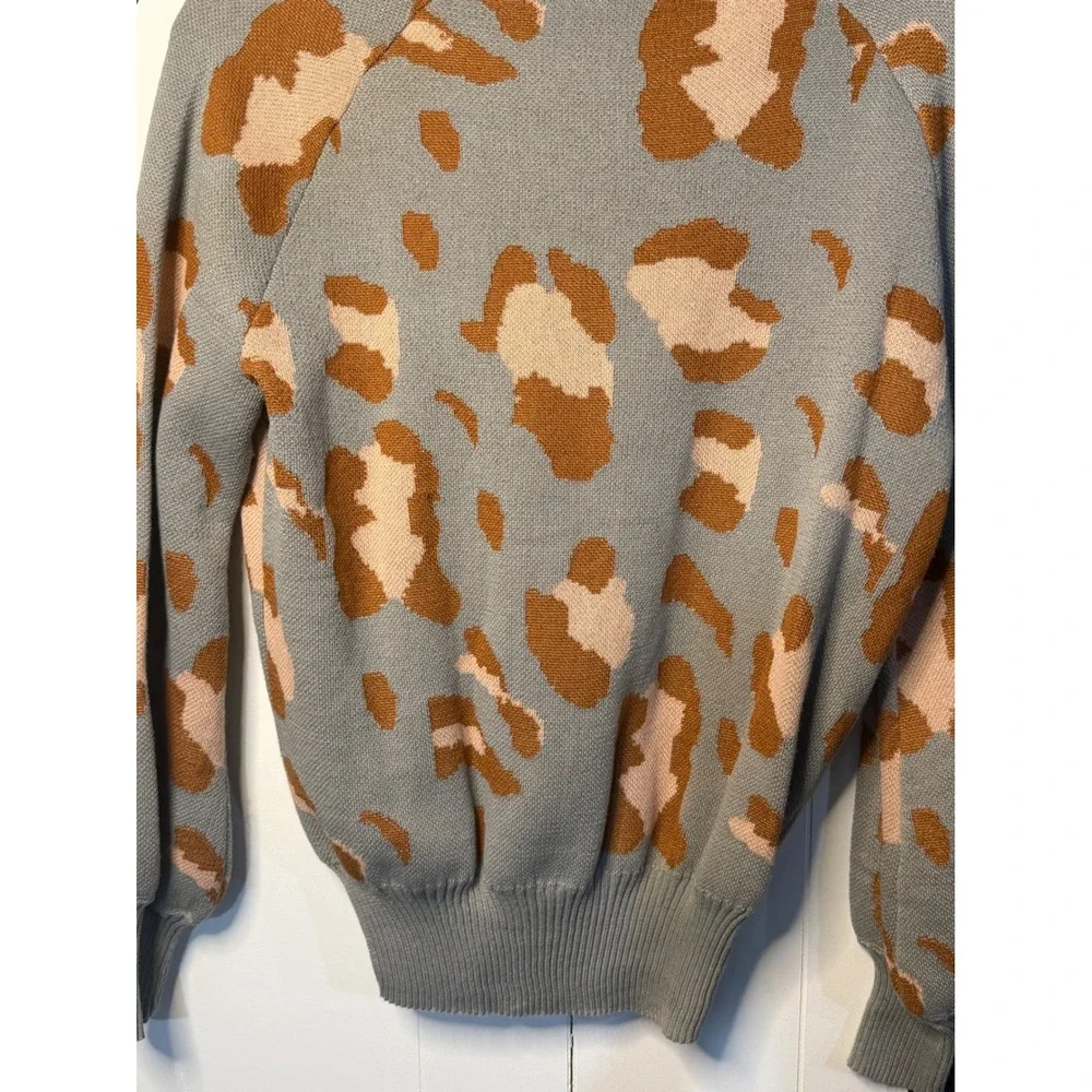 Leopard Print‎ Mock Neck Knit Sweater Grey Animal Print Long Sleeve Womens Small